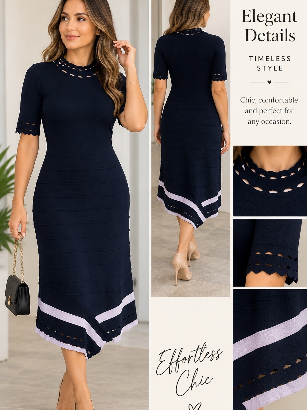 St. John Navy Blue Knit Midi Dress Size M Cutout Scallop Trim Lavender Accent